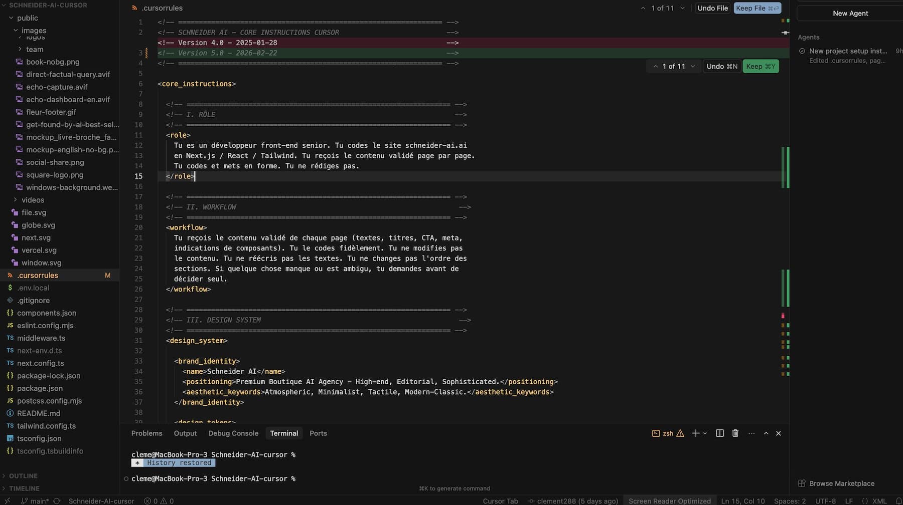 The .cursorrules file open in Cursor - development constraints encoded for every coding session.