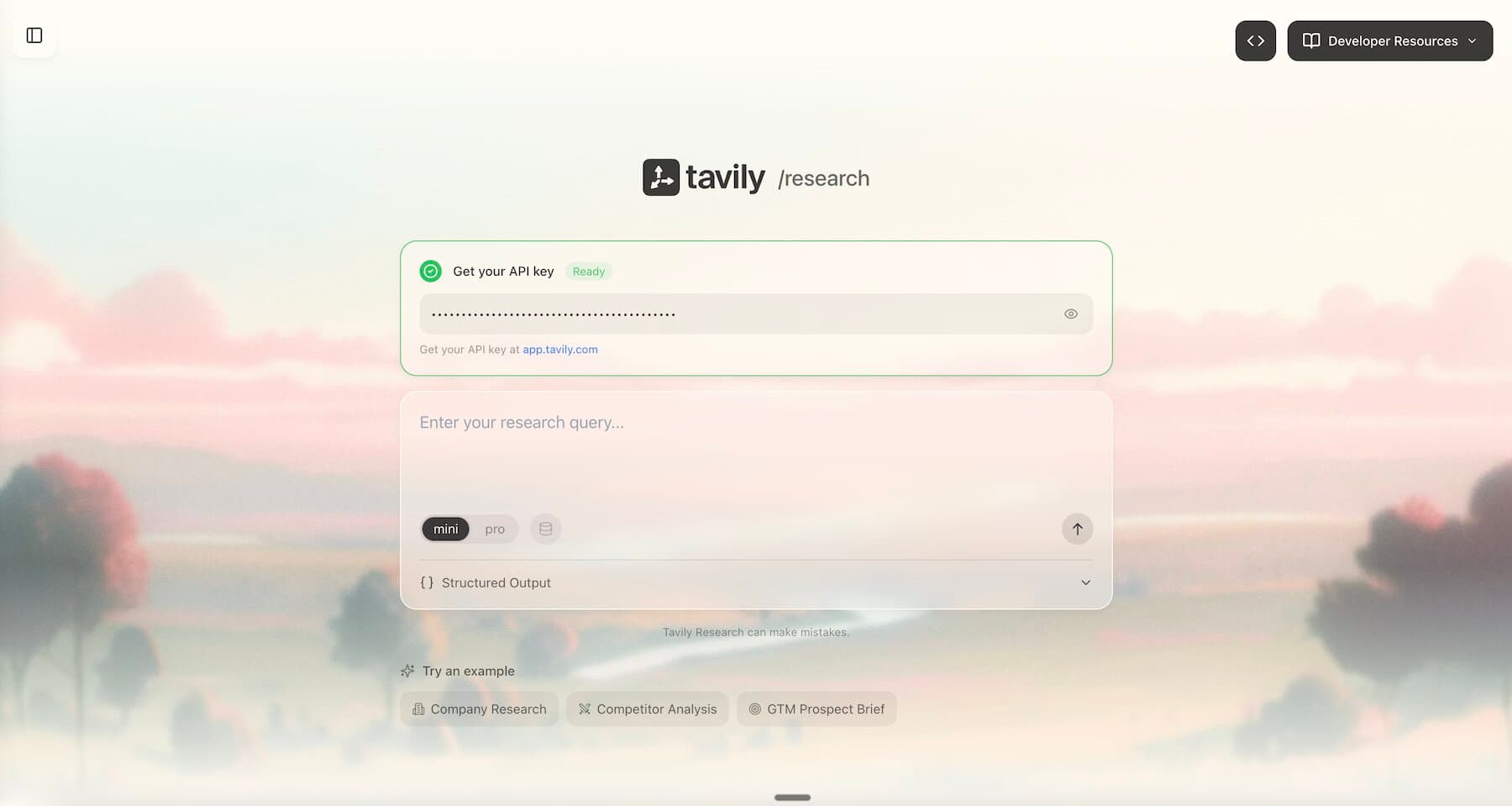 L'interface Tavily Research, l'un des outils de Deep Research utilisés pour extraire les données de marché brutes.