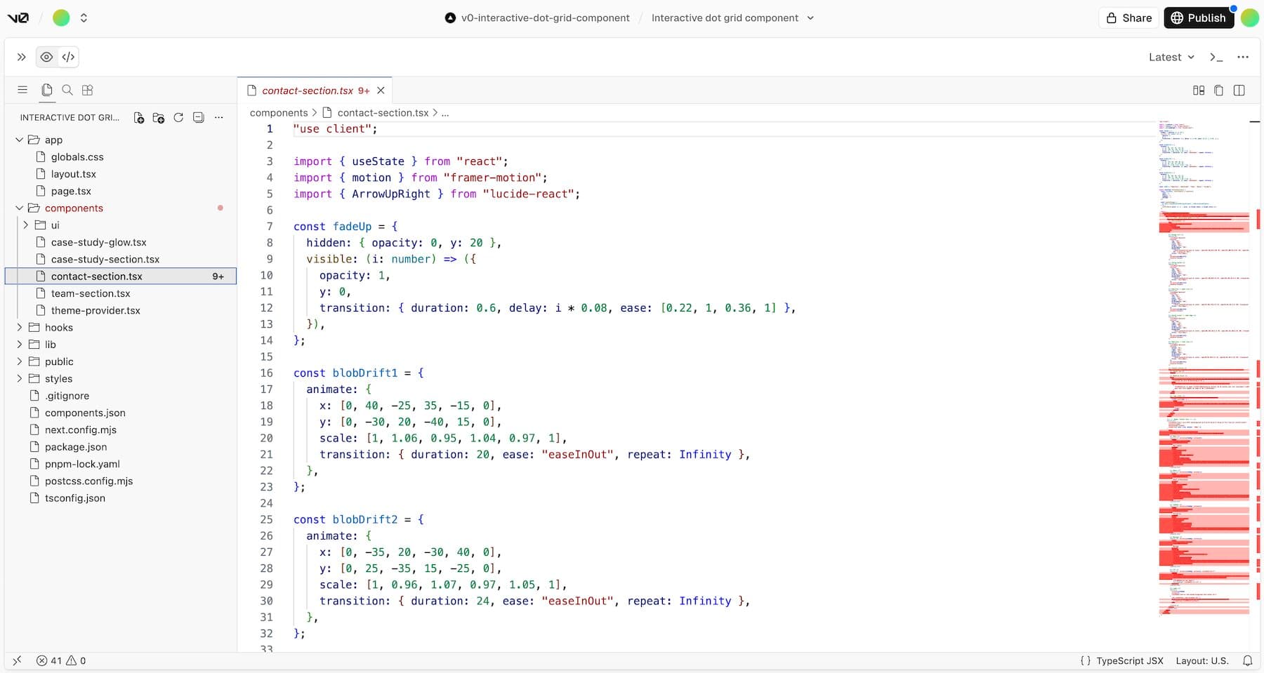 Le code TypeScript extrait depuis v0 - le composant est prêt à être injecté dans Cursor.
